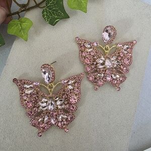 Statement Gold with Pink Rhinestone Butterfly Earrings